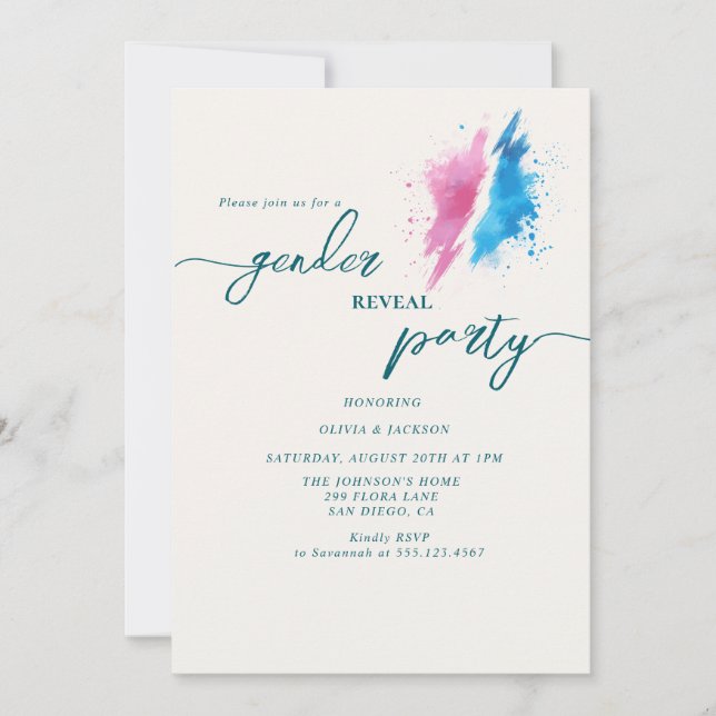 gender visar party rosa och blå färg inbjudningar (Framsida)
