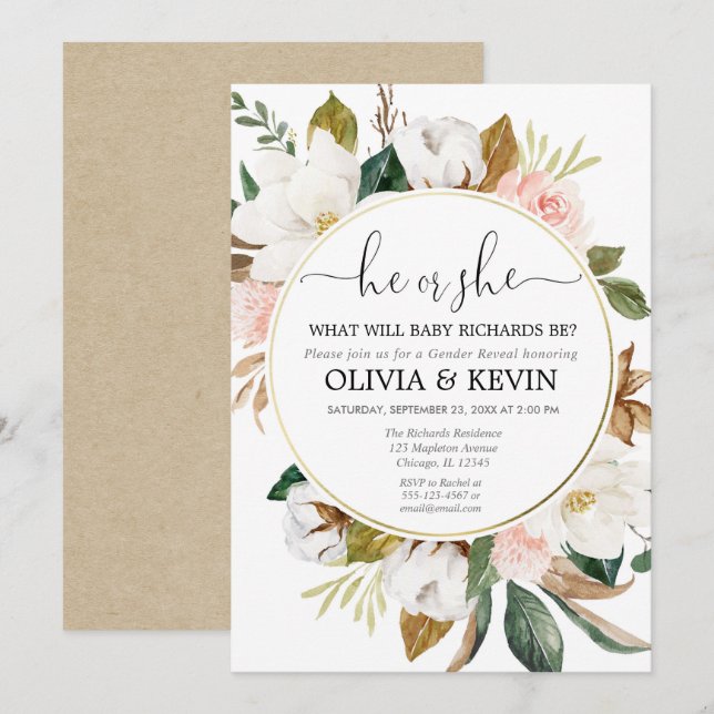 Gender visar rosa, vit blommigt, roliga vattenfärg inbjudningar (Fram/baksida)