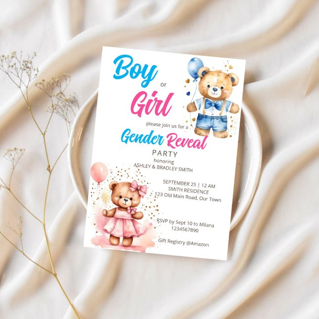 Gender visar söt nalle-pojke eller flickmall inbjudningar (Gender reveal template invitation digital download cute teddy bear girl and boy balloons he or she)