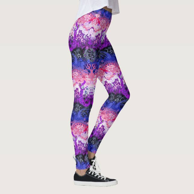 Genderfluid Dragon Damask - Flagga för Pride av kö Leggings (Höger)