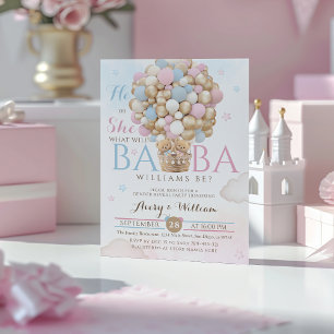 Genderna Bear Balloon Rosa Reveal Baby Shower Inbjudningar