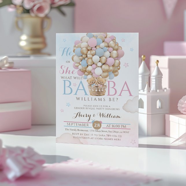 Genderna Bear Balloon Rosa Reveal Baby Shower Inbjudningar (Skapare uppladdad)