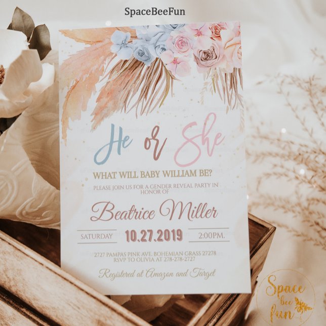 Genderna Boho Pampas Grass Baby Shower visar inbju Inbjudningar (Boho Pampas Grass Baby Shower He or She Invitation Boy Girl Bohemian Tropical Gold Invites )