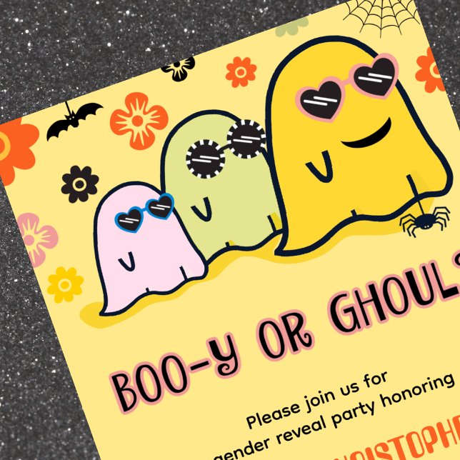 Genderna Booy eller Ghoul Groovy Ghost Halloween Inbjudningar (Booy-or-Ghoul-Groovy-Ghost-Halloween-Gender-reveal-Invitation-1)