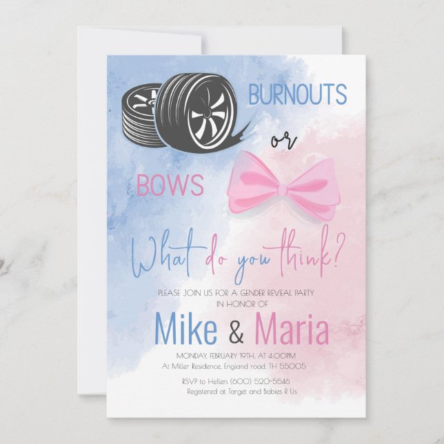 Genderna Burnouts eller Bows visar partiinbjudan Inbjudningar (Framsida)