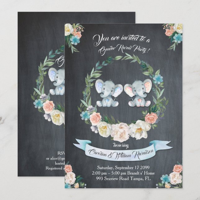 Genderna för flickor eller pojkar avslöjar elefant inbjudningar (Fram/baksida)