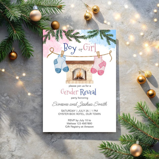 genderna för vinterstrumpor i baby avslöjar vinter inbjudningar (Baby socks winter Christmas gender reveal pink blue Invitation template)