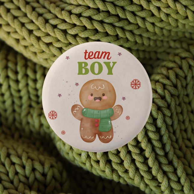 Genderna Gingerbröd Juli Reveal Team Boy Vote Knapp (Team boy - Christmas gender reveal voting button pin)