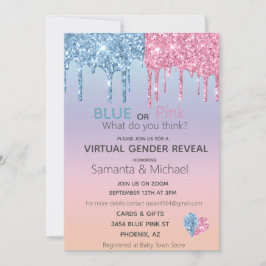 Genderna Reveal Gift för virtuell Rosa Blue Glitte Inbjudningar