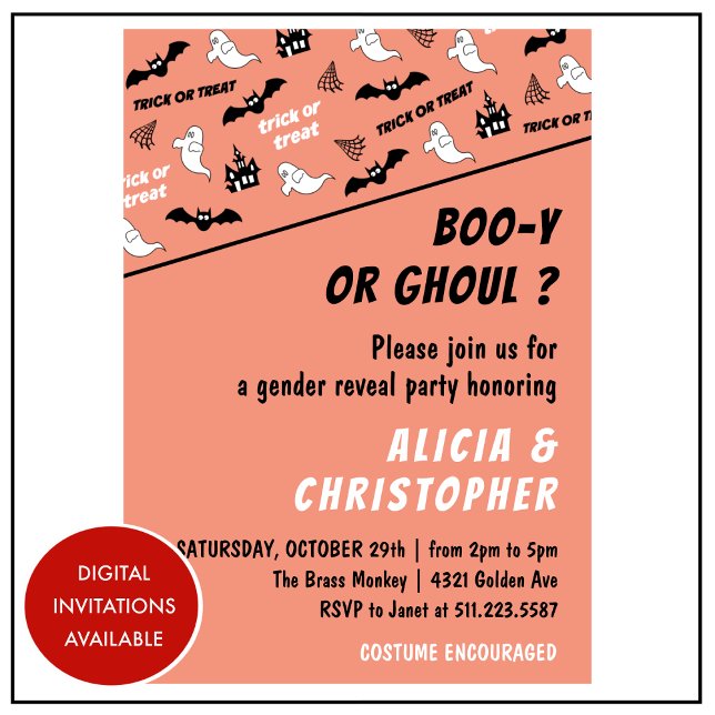 Genderna Spooktacular Ghost Orange Halloween visar Inbjudningar (Spooktacular-Ghost-Orange-Halloween-gender-reveal-Invitation-1)