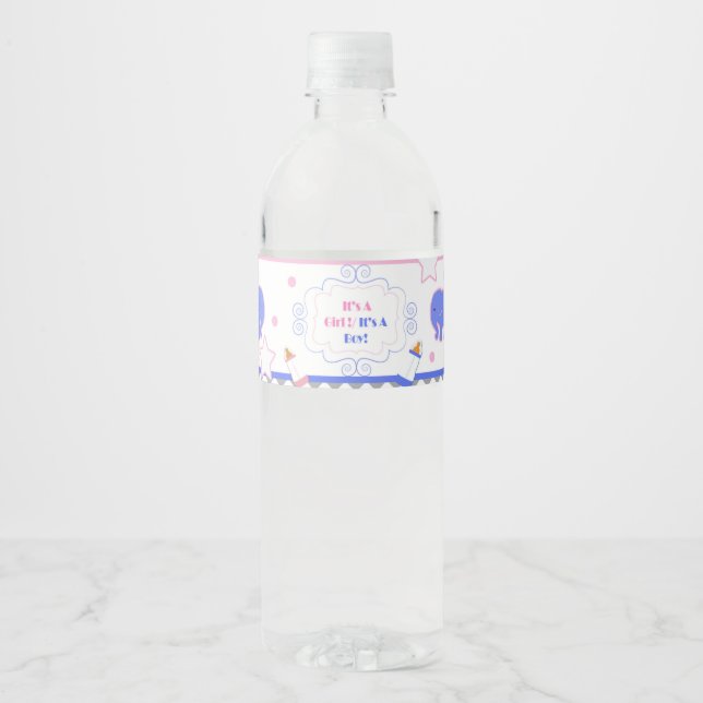 Genderna visar babyduschen han eller hon babydusch vattenflaska etikett (Framsida)