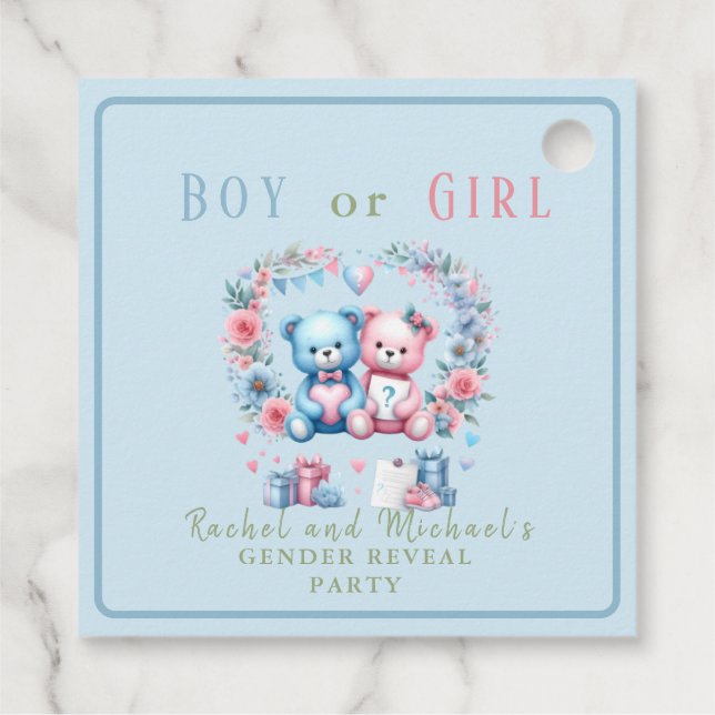 Genderna visar babyduschens Nalle blå rosa 3 - Gåvor Etiketter (Baksida)