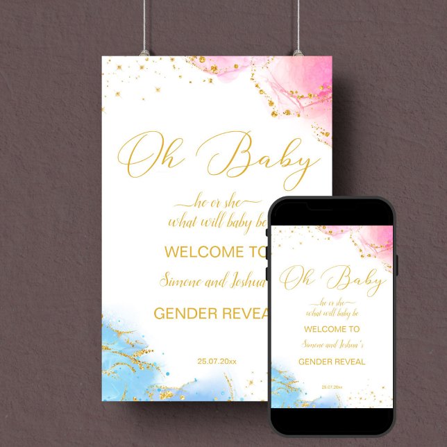 Genderna visar välkomsttecknet åh baby rosa blue poster (Gender reveal party welcome sign template instant download pink and blue gold glitter)