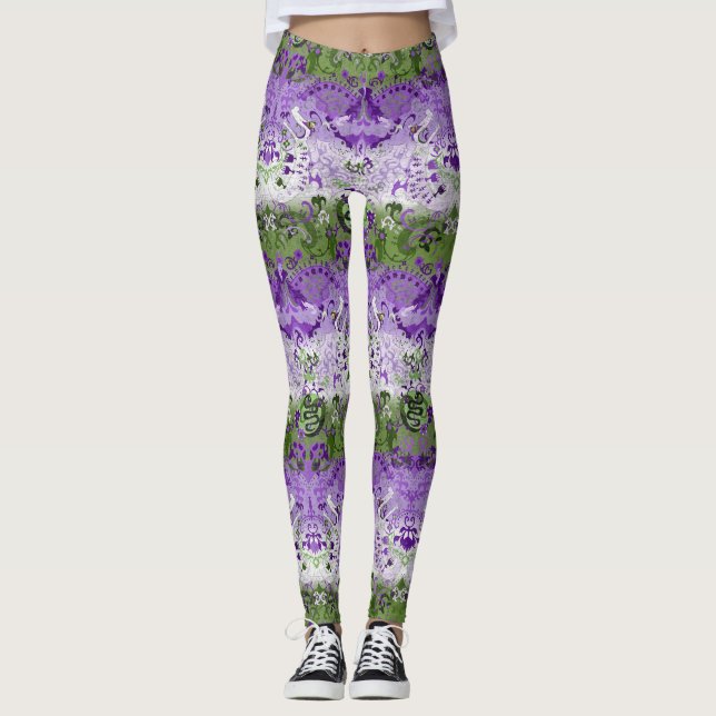 Genderqueer Dragon Damask - Genderqueer Pride Flag Leggings (Framsida)