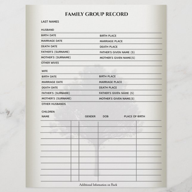 Genealogy Fillable Formulärmall för familjeposter (Framsida)
