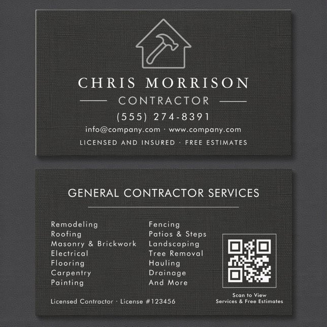General Construction Black Silver Linen QR Code Visitkort (Skapare uppladdad)
