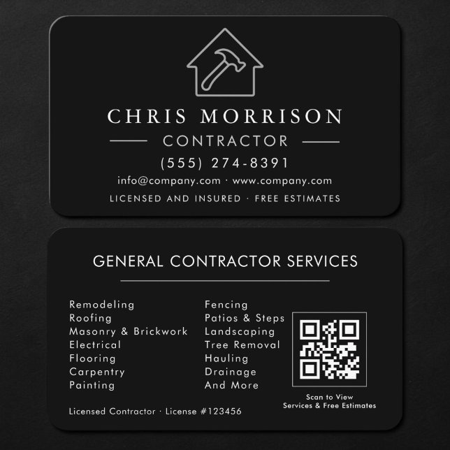 General Construction Contractor QR Code Black Visitkort (Skapare uppladdad)