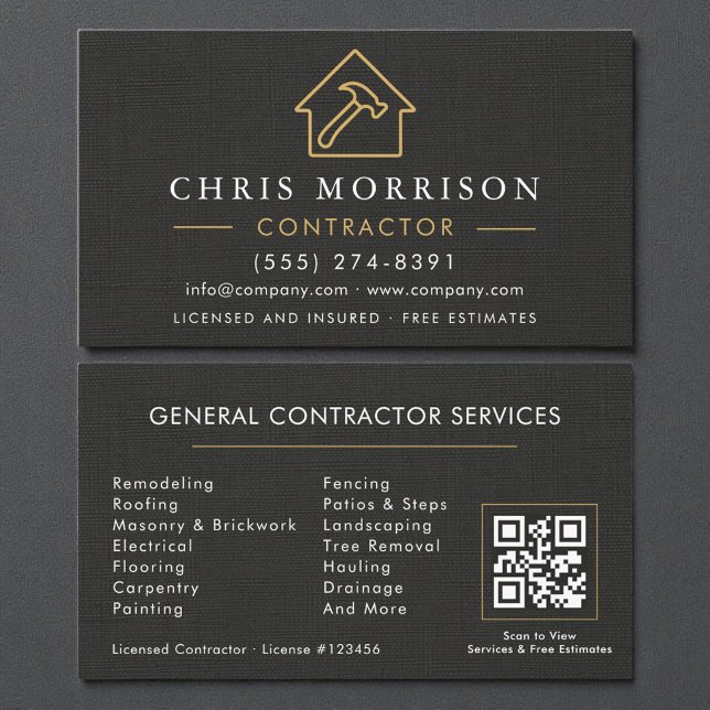 General Construction Linen Black Gold QR Code Visitkort (Skapare uppladdad)