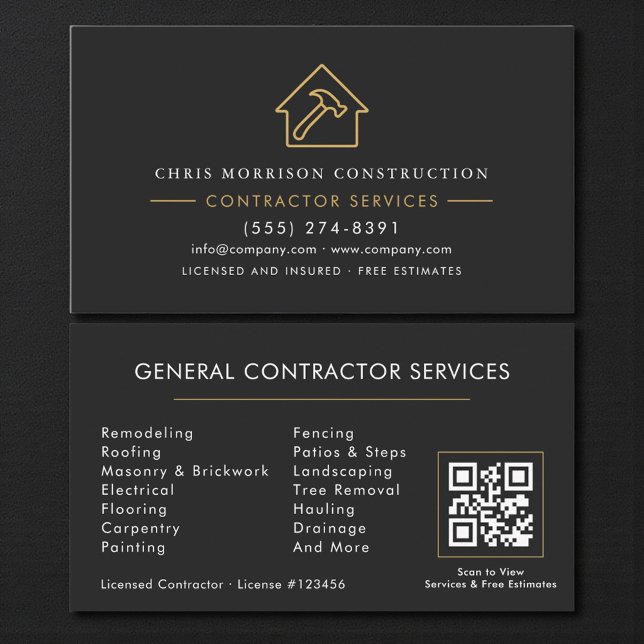 General Contractor Black Gold QR Code Visitkort (Skapare uppladdad)