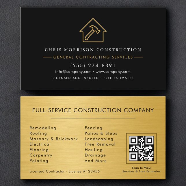 General Contractor Metallic Gold & Black QR Code Visitkort (Skapare uppladdad)