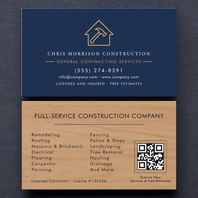 General Contractor Navy Blue Wood QR Code Visitkort (Skapare uppladdad)