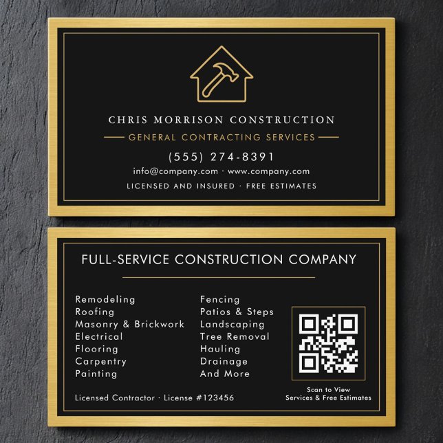 General Contractor QR Code Black & Gold Metallic Visitkort (Skapare uppladdad)