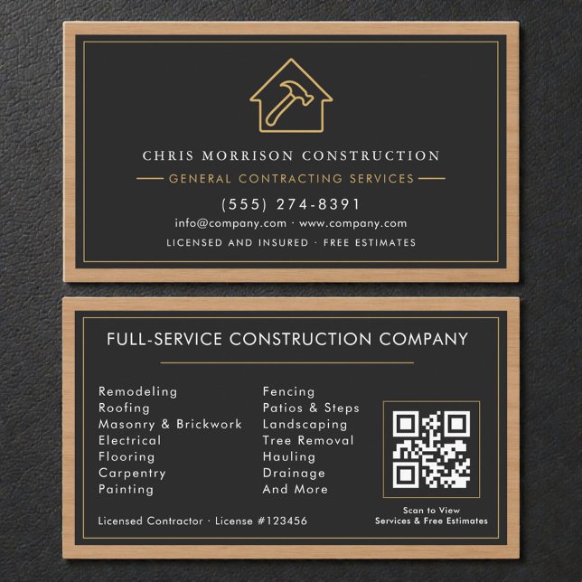 General Contractor Wood QR Code Black Gold  Visitkort (Skapare uppladdad)