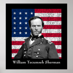 General Sherman och den amerikanska Flagga Poster