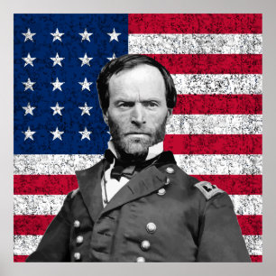 General Sherman och den amerikanska Flagga Poster