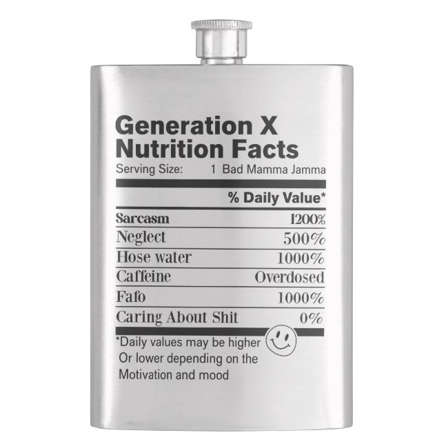 Generation X | Roliga Näringsfakta Sarcasm Försumm Fickplunta (Framsidan)