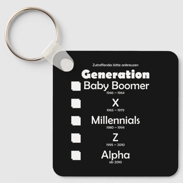 Generationen Baby Boomer, X, Y, Millennials, Z, Al Nyckelring (Framsida)