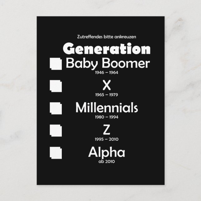 Generationen Baby Boomer, X, Y, Millennials, Z, Al Vykort (Framsida)