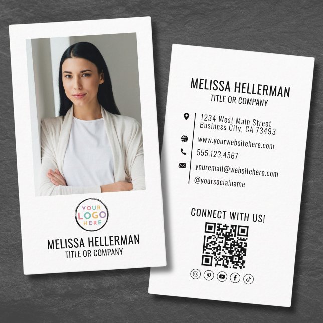 Generisk Vit Foto QR-kod Logotyp Vertikal Visitkort (Blush Pink Minimalist Photo QR Code Logo Vertical Business Card)