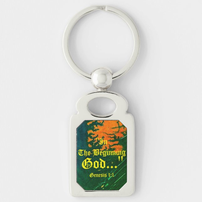 Genesis 1:1 I den begynnelseguden... "Bibelsanning Rektangulärt Silverfärgad Nyckelring (Framsidan)