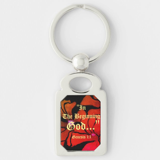 Genesis 1:1 I den begynnelseguden... "Bibelsanning Rektangulärt Silverfärgad Nyckelring (Framsidan)