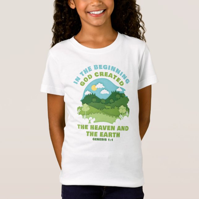 Genesis 1:1 I den inledande GOD Skapat Kid Faith T Shirt (Framsida)