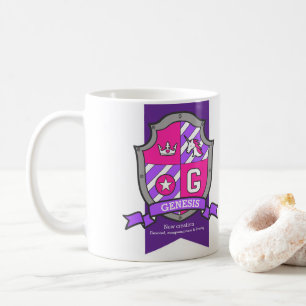 Genesis brev G vapensköld rosa Unicorn namn Kaffemugg