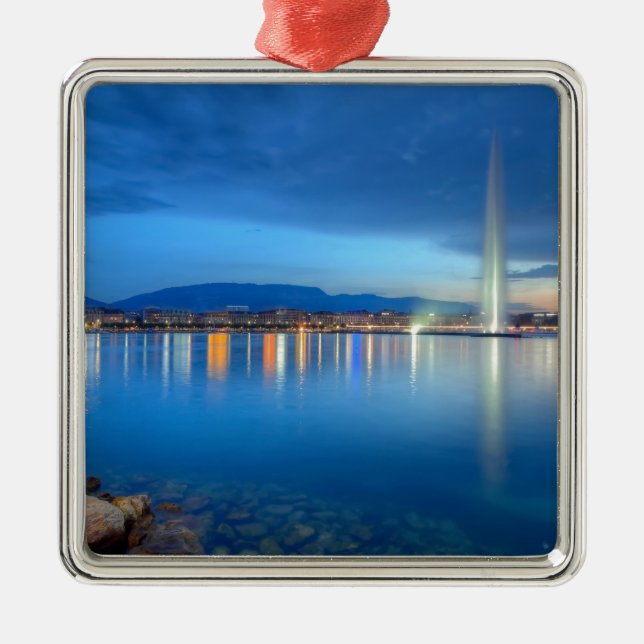 Geneva panorama med den berömda fontänen, julgransprydnad metall (Framsidan)