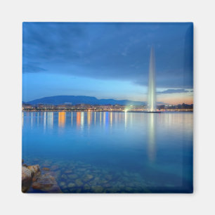 Geneva panorama med den berömda fontänen, magnet