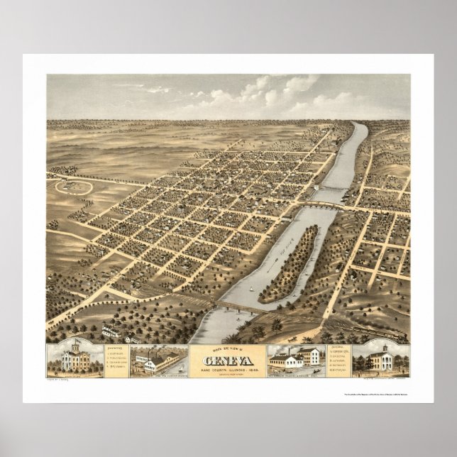 Genève, IL Panoramic Karta - 1869 Poster (Framsidan)