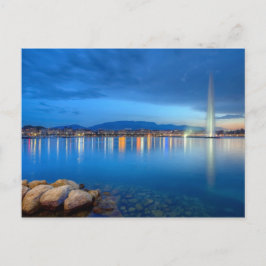 Genève-panorama med berömd fontän, Schweiz. Vykort