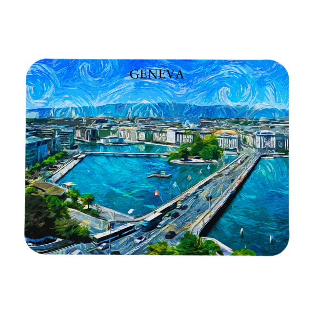 Genève Schweiz Panorama View Painting Magnet (Horisontell)