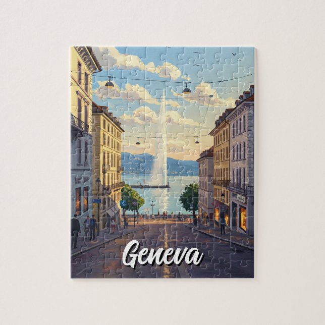 Geneve Street Schweiz Travel Jet d'eau Sunset Pussel (Vertikal)
