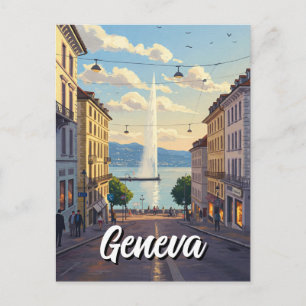 Geneve Street Schweiz Travel Jet d'eau Sunset Vykort