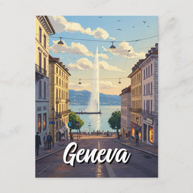 Geneve Street Schweiz Travel Jet d'eau Sunset Vykort (Framsida)