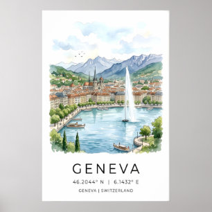 Genèves sjöfront konsttryck, akvarell stadsscen poster