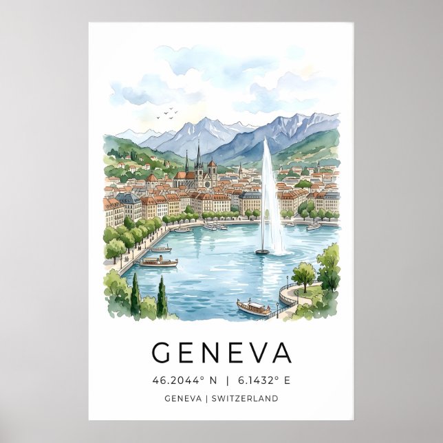Genèves sjöfront konsttryck, akvarell stadsscen poster (Framsidan)