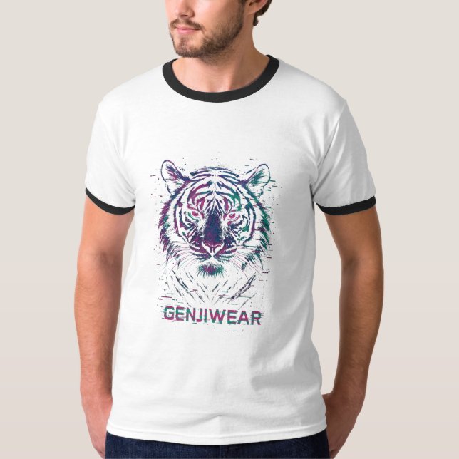 Genjiwear Glitch Tiger – Neon Cyber Beast Streetwe T Shirt (Framsida)
