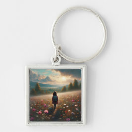 Genom Blommarna - Adventurous Väg Fyrkantig Silverfärgad Nyckelring