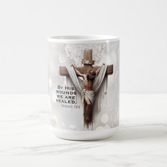 Genom Hans sår är vi helade Korsfästelsekonst Kaffemugg (Center)